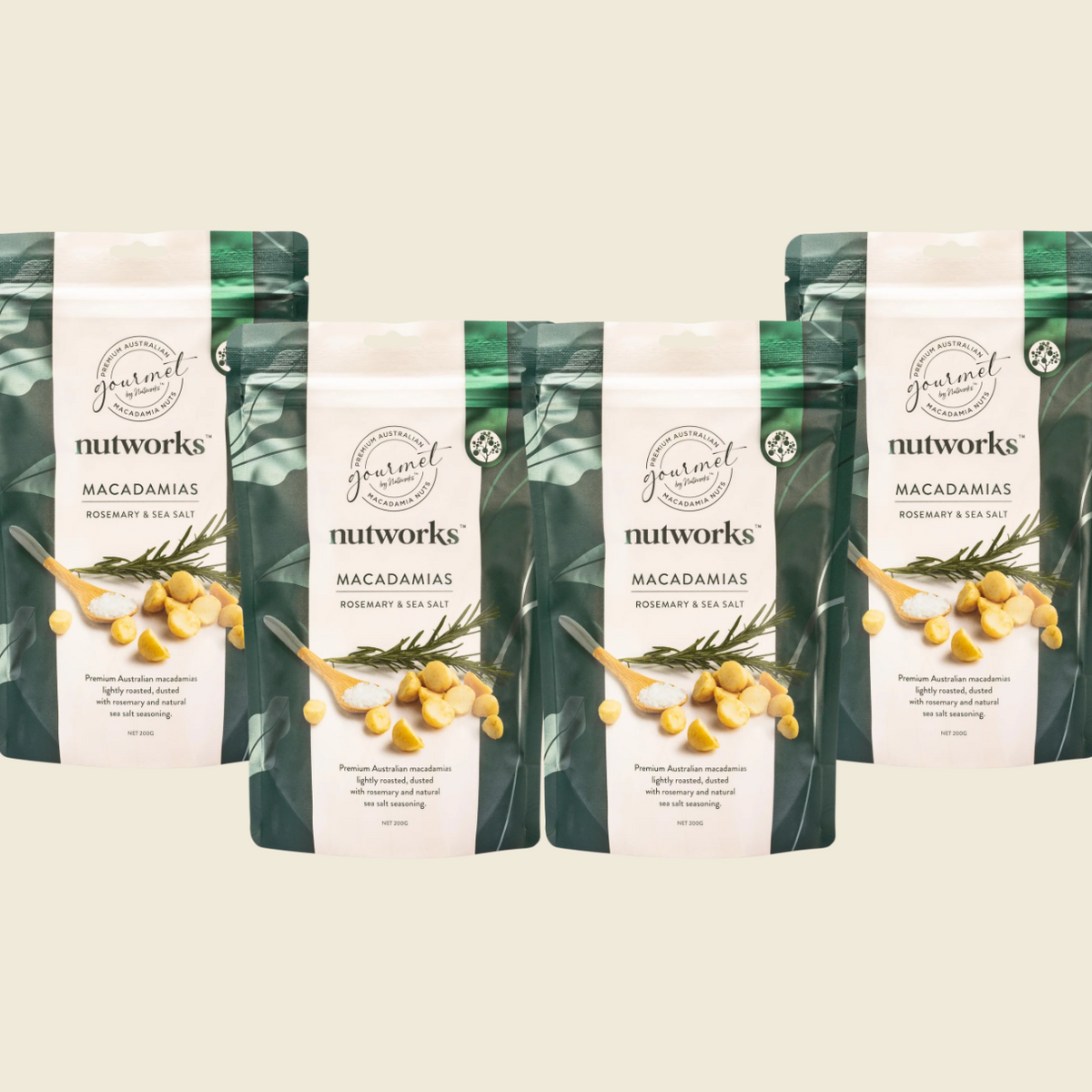 Nutworks Macadamias 4-Pack (4 x 200g) in Roasted Macadamia Nuts with Rosemary & Sea Salt