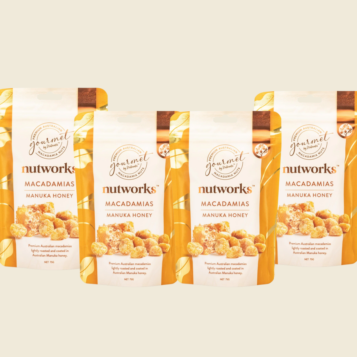 Four-Pack of Dry Roasted Macadamia Nuts – Hand-Coated in Pure Manuka Honey, Gourmet Sweet Snack