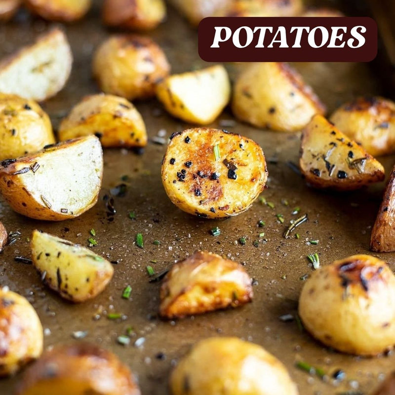Roasted truffle potatoes on a baking sheet with herbs, labeled 'POTATOES'.