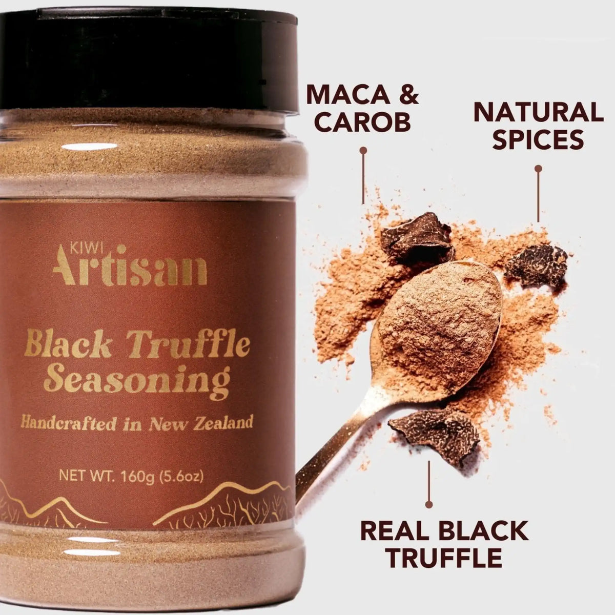 Kiwi Artisan Black Truffle Seasoning jar with ingredients listed on a white background