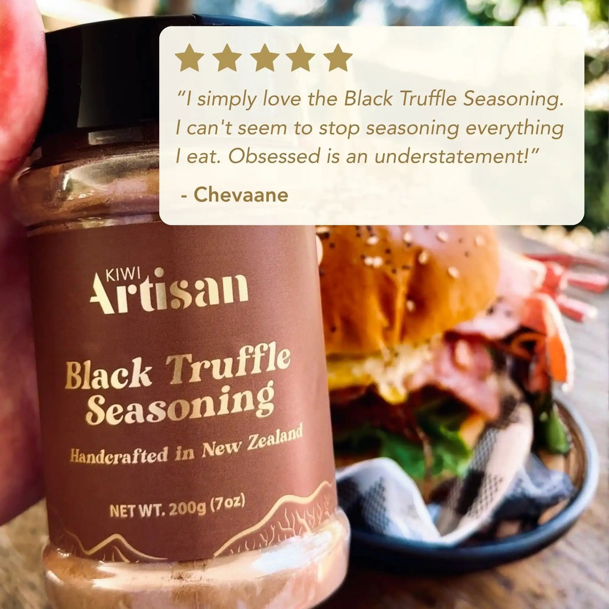 Jar of Kiwi Artisan Black Truffle Seasoning with a customer review overlay.