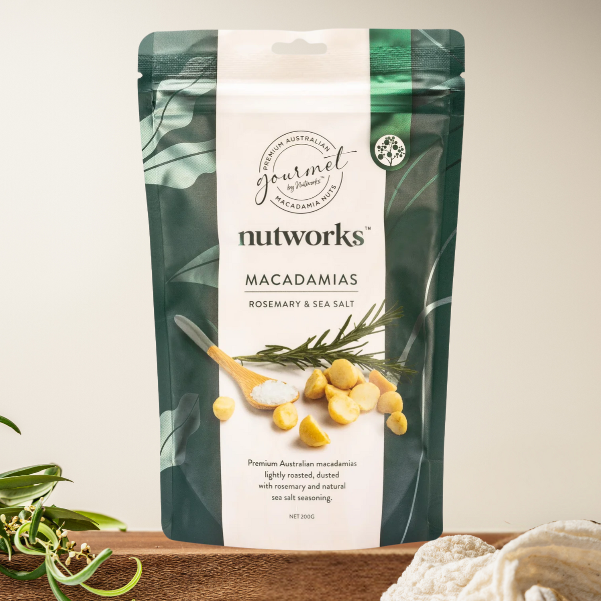 Nutworks 200g Roasted Macadamia Nuts – Rosemary and Sea Salt Flavour in Resealable Bag