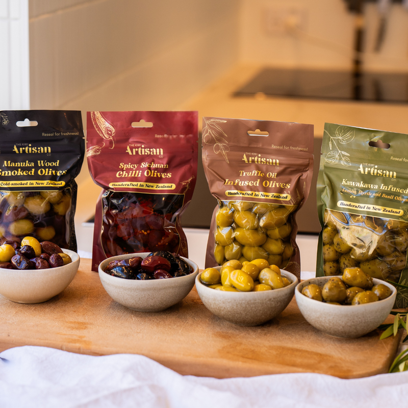 Mixed olive pack with Manuka smoked, truffle, lemon basil kawakawa, and Sichuan chilli flavours
