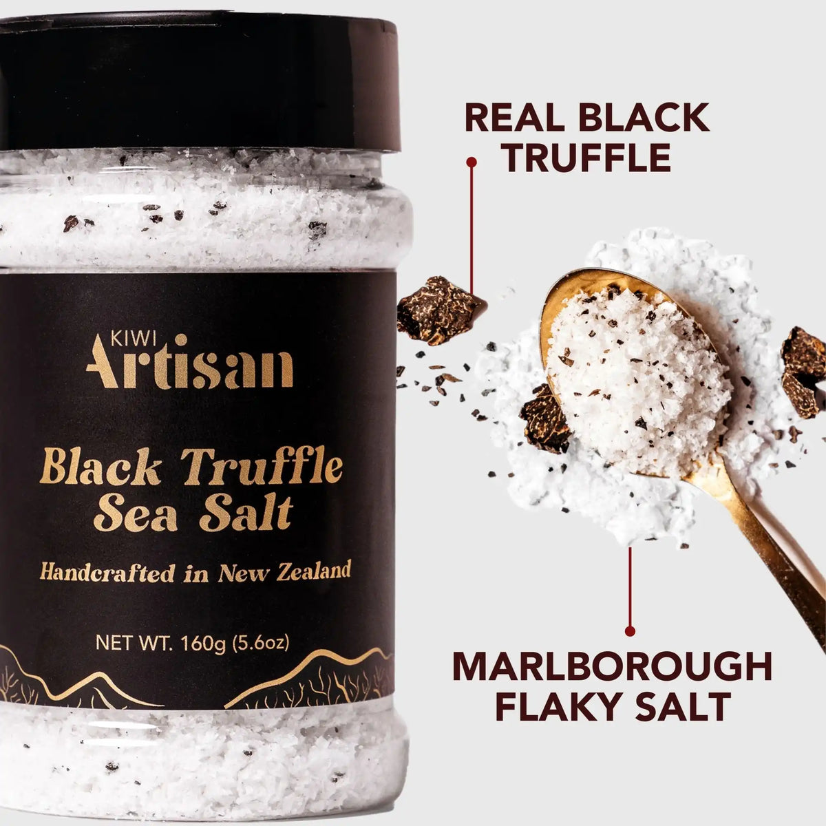Jar of Kiwi Artisan Black Truffle Sea Salt with text highlighting ingredients and origin.